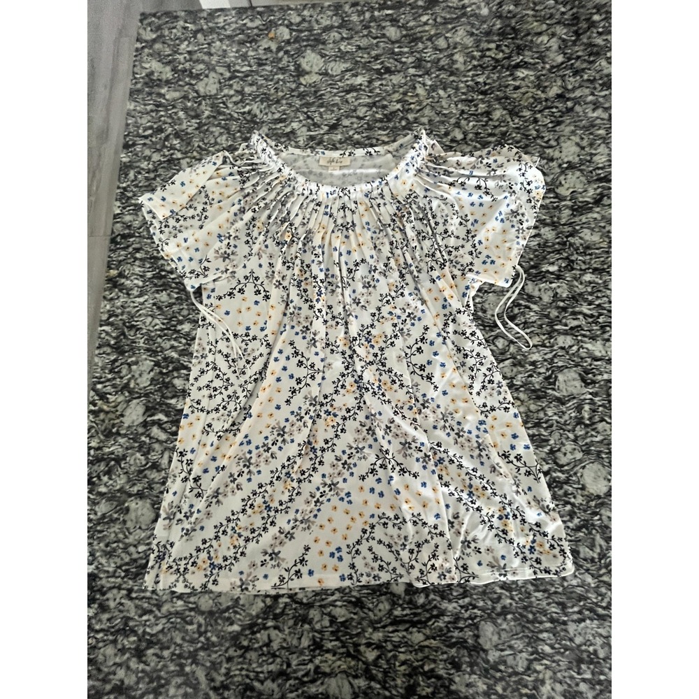 Style & Co Blouse Top Womens Large White Floral Casual Pleated Everyday Wear